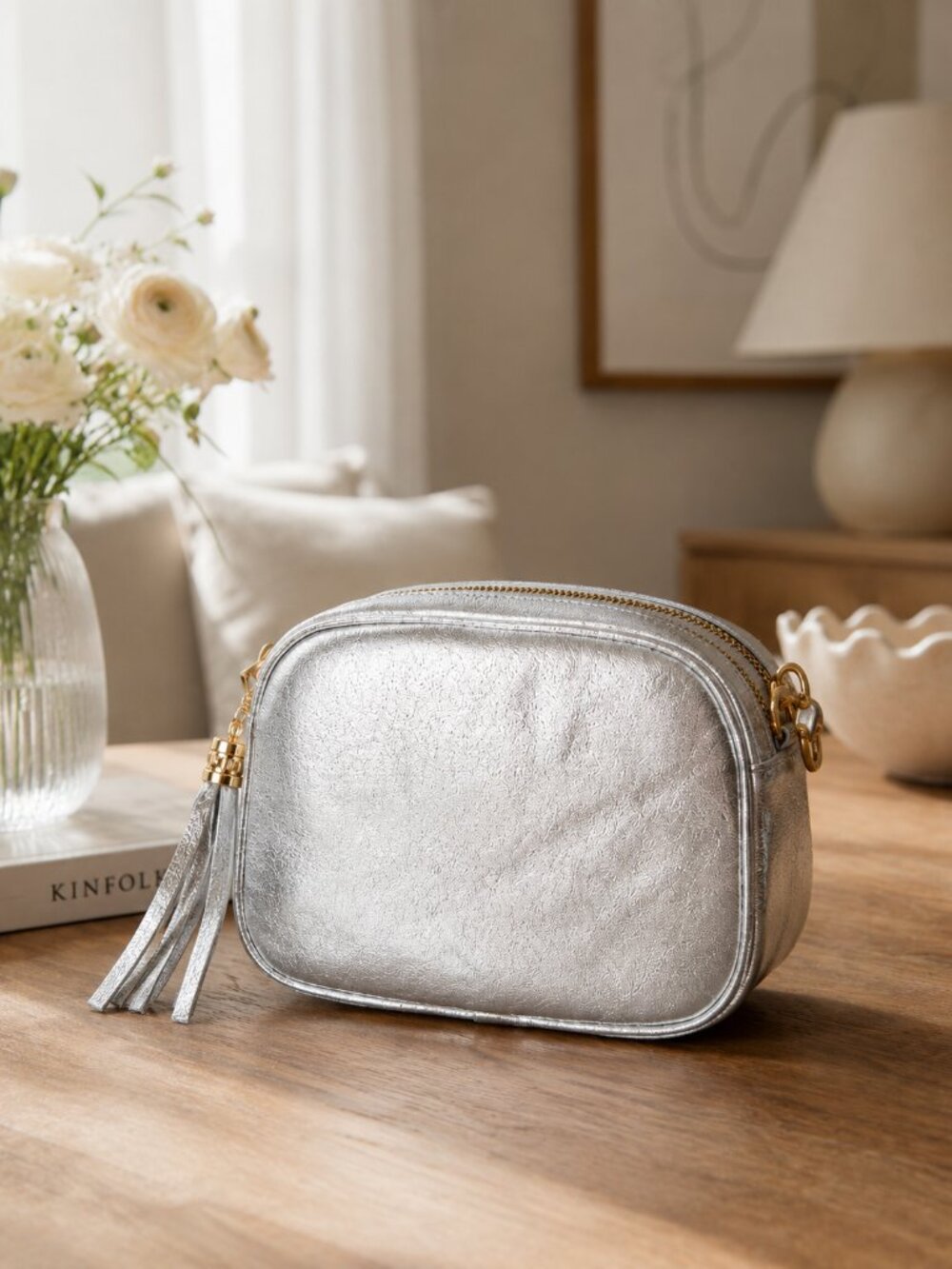 Metallic Silver Italian Leather Crossbody Bag, Triple Zip Organizer, Tassel Bag